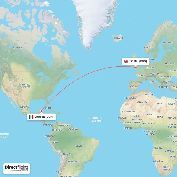 Cancun - Bristol direct flight map