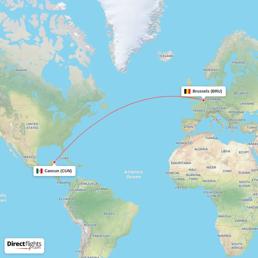 CUN - BRU route map