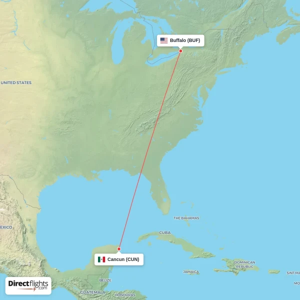 Cancun - Buffalo direct flight map