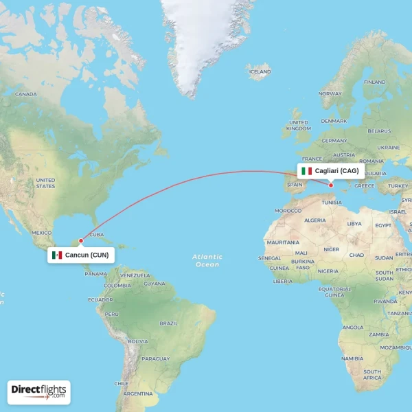 Cancun - Cagliari direct flight map