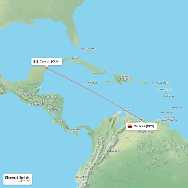 Cancun - Caracas direct flight map