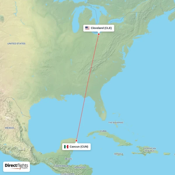 Cancun - Cleveland direct flight map