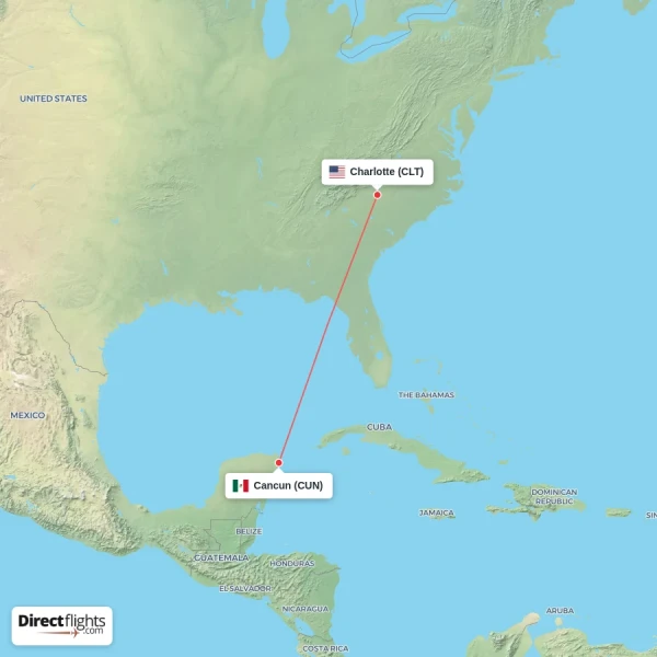 Cancun - Charlotte direct flight map