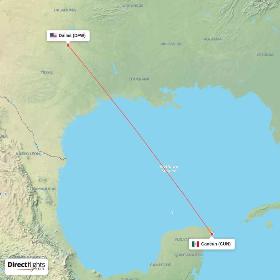 CUN - DFW route map