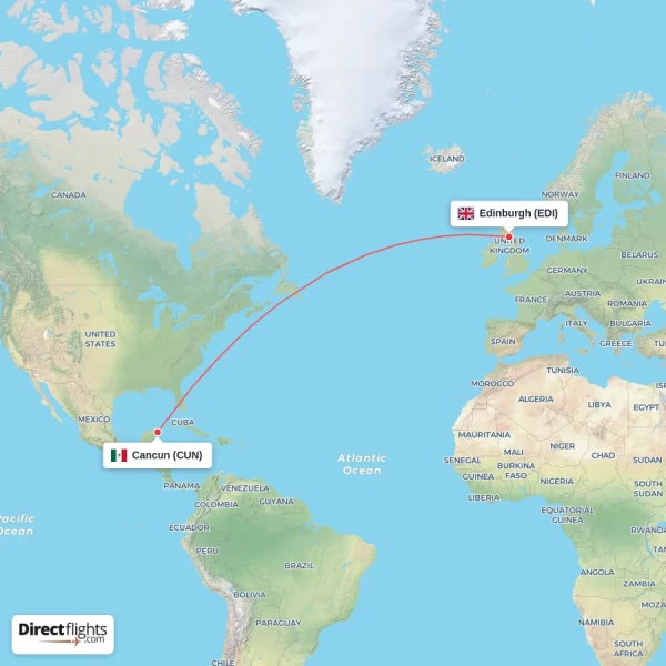 Cancun - Edinburgh direct flight map