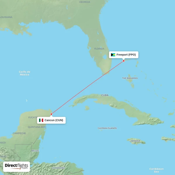 Cancun - Freeport direct flight map