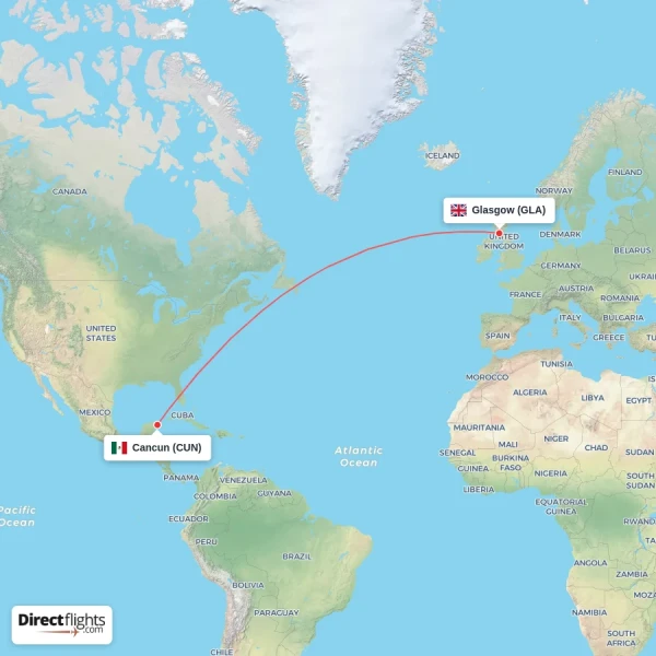 Cancun - Glasgow direct flight map