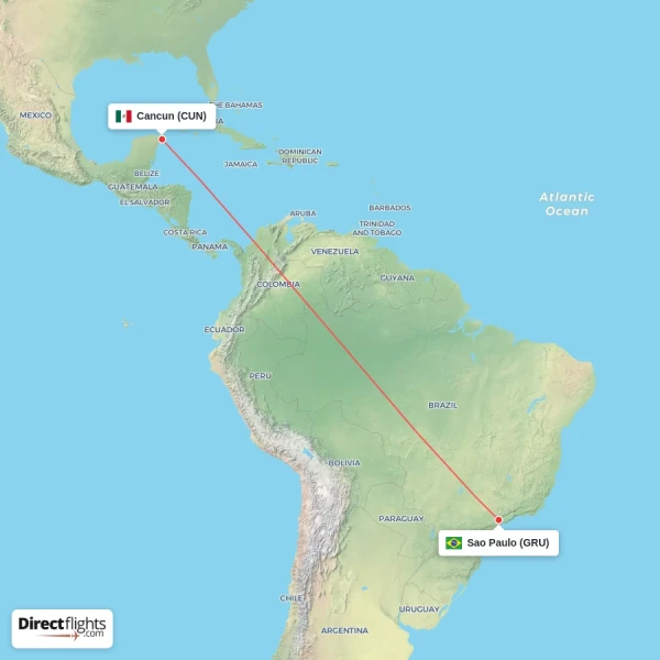 Cancun - Sao Paulo direct flight map