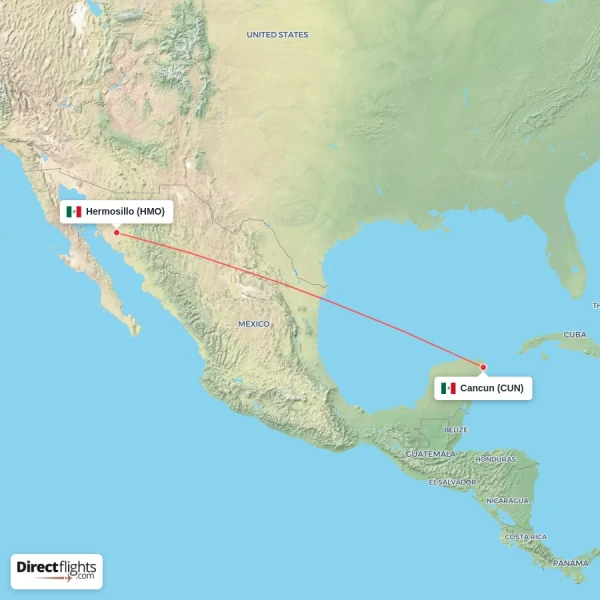 Cancun - Hermosillo direct flight map