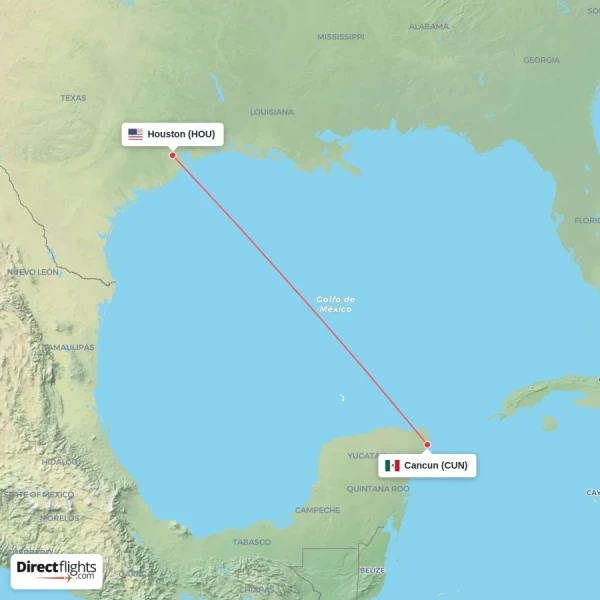 Cancun - Houston direct flight map