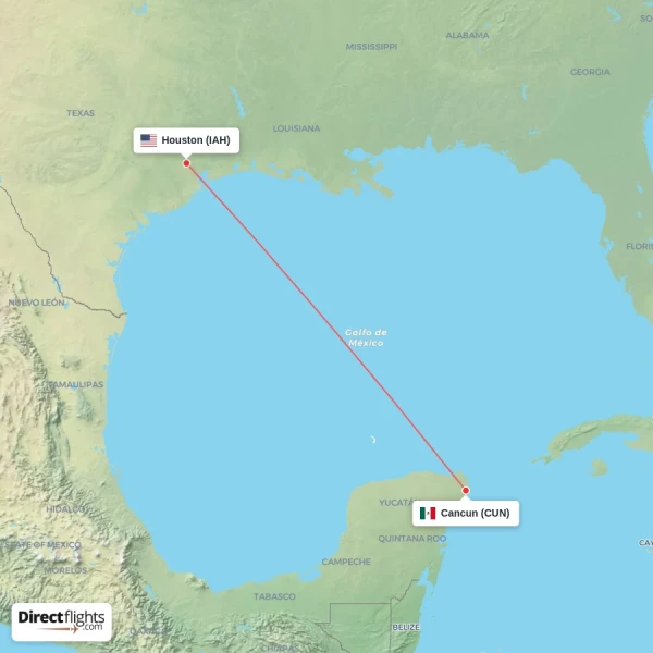 Cancun - Houston direct flight map