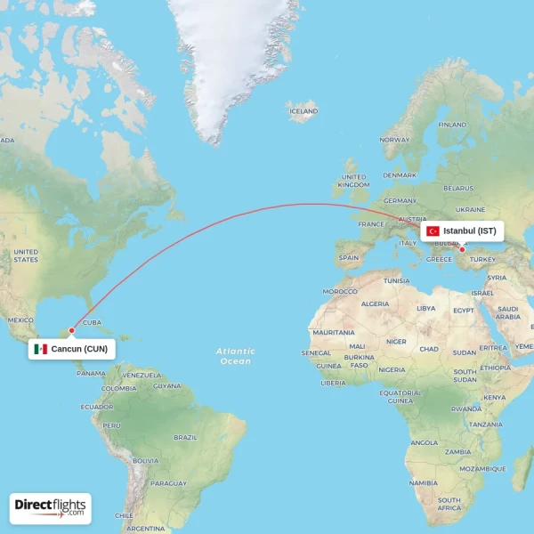 Cancun - Istanbul direct flight map