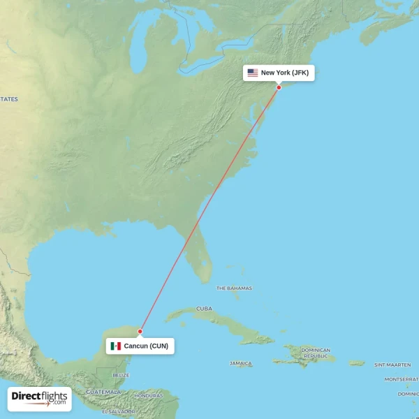 Cancun - New York direct flight map