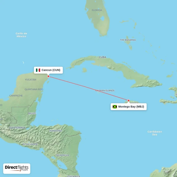 Cancun - Montego Bay direct flight map
