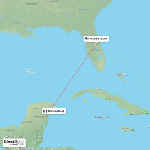 Cancun - Orlando direct flight map