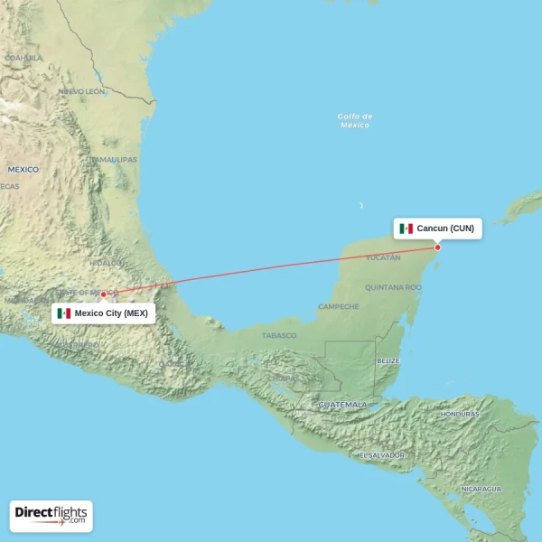 Cancun - Mexico City direct flight map