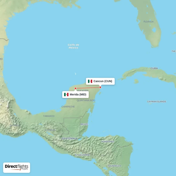 Cancun - Merida direct flight map