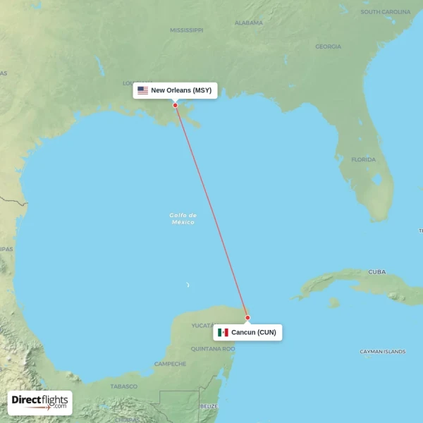 Cancun - New Orleans direct flight map