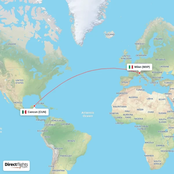 Cancun - Milan direct flight map