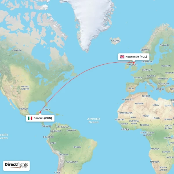 Cancun - Newcastle direct flight map