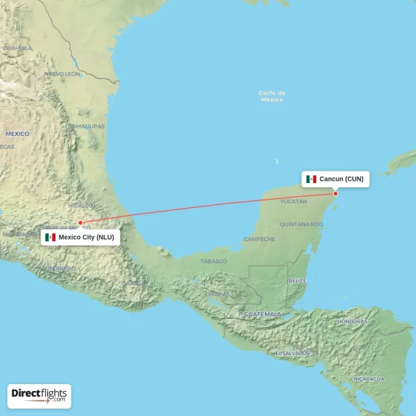 Cancun - Mexico City direct flight map