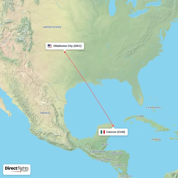 Cancun - Oklahoma City direct flight map