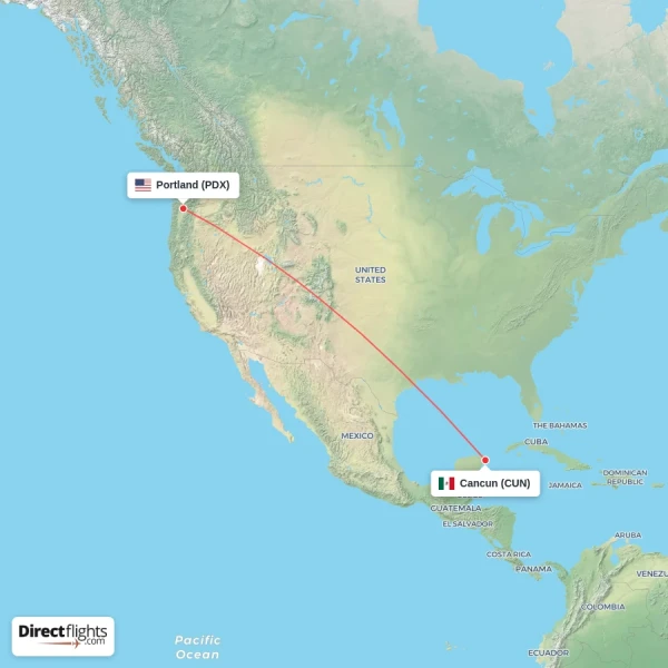 Cancun - Portland direct flight map