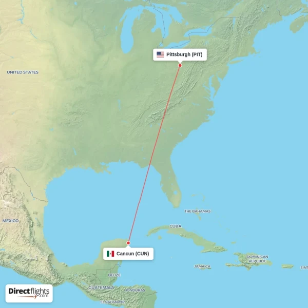 Cancun - Pittsburgh direct flight map