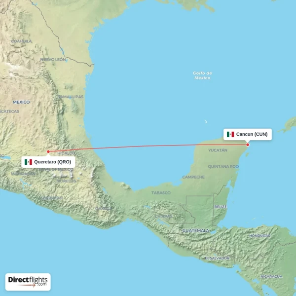 Cancun - Queretaro direct flight map