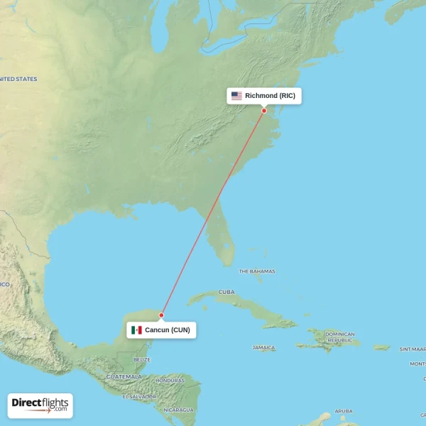 Cancun - Richmond direct flight map