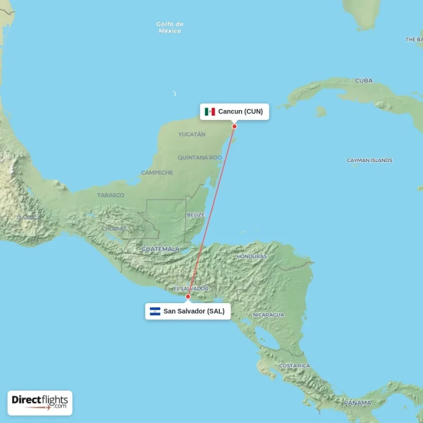 Cancun - San Salvador direct flight map