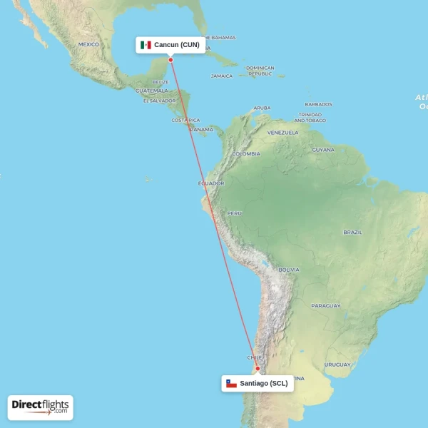 Cancun - Santiago direct flight map