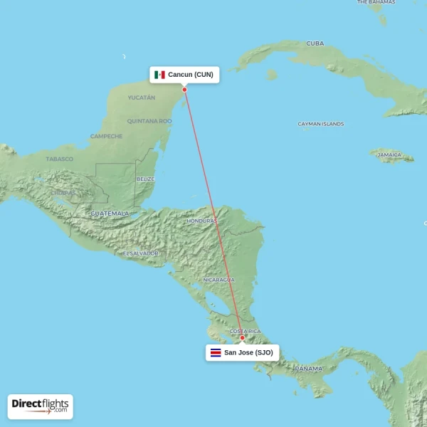 Cancun - San Jose direct flight map