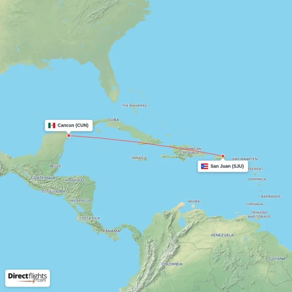 Cancun - San Juan direct flight map