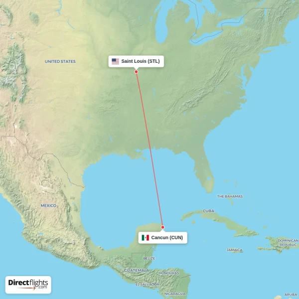 Cancun - Saint Louis direct flight map