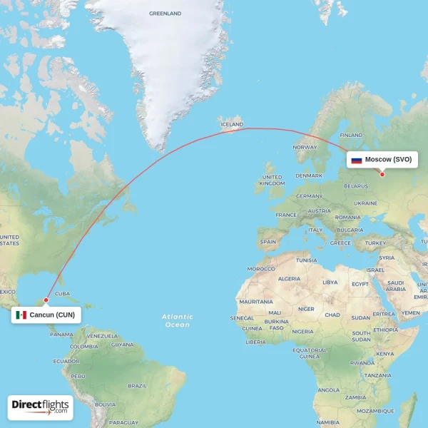 Cancun - Moscow direct flight map