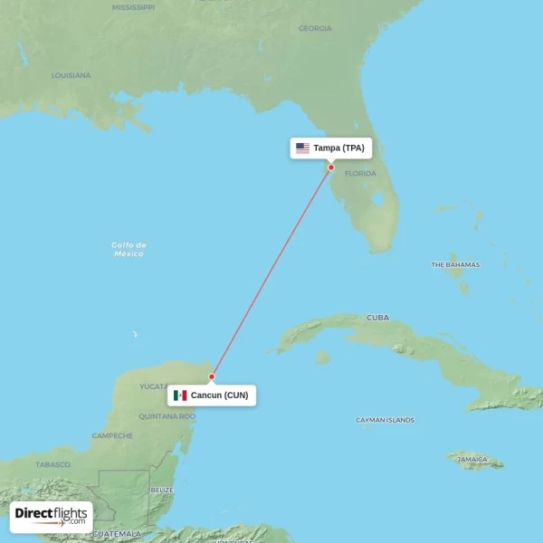 Cancun - Tampa direct flight map