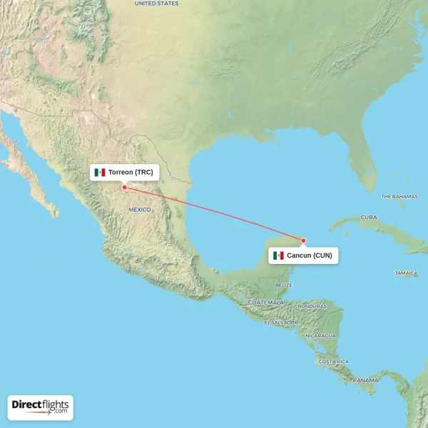 Cancun - Torreon direct flight map