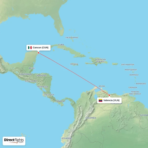 Cancun - Valencia direct flight map