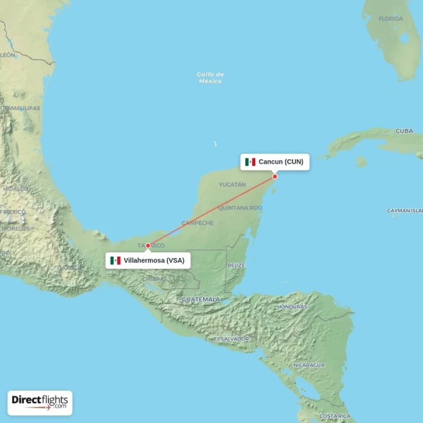 Cancun - Villahermosa direct flight map