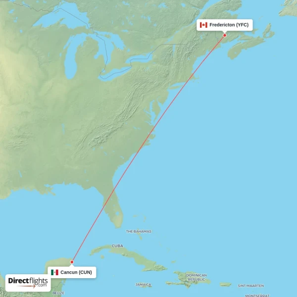 Cancun - Fredericton direct flight map