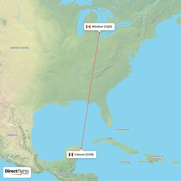 Cancun - Windsor direct flight map