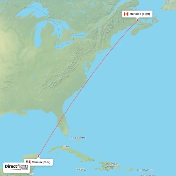 Cancun - Moncton direct flight map