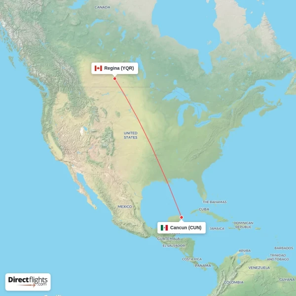 Cancun - Regina direct flight map