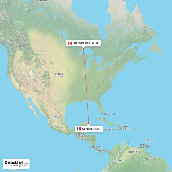 Cancun - Thunder Bay direct flight map