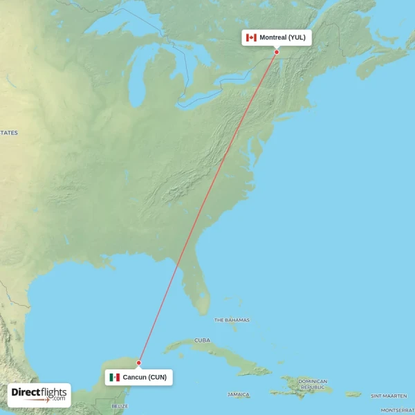 Cancun - Montreal direct flight map