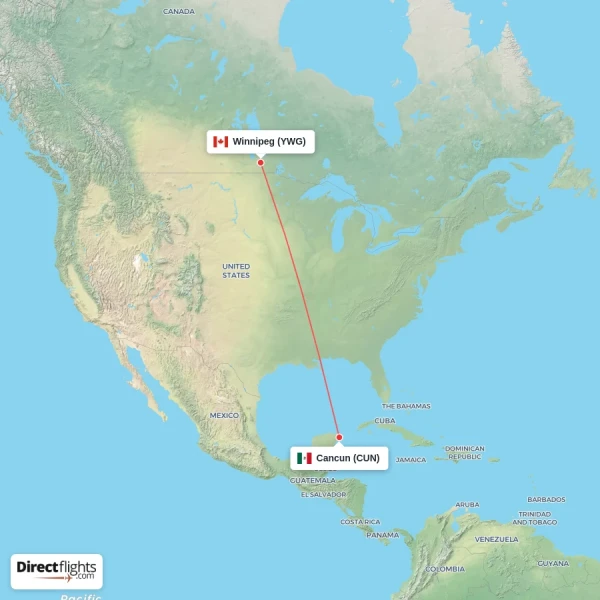 Cancun - Winnipeg direct flight map