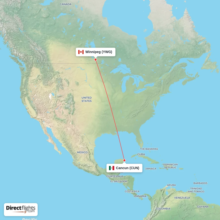 CUN - YWG route map