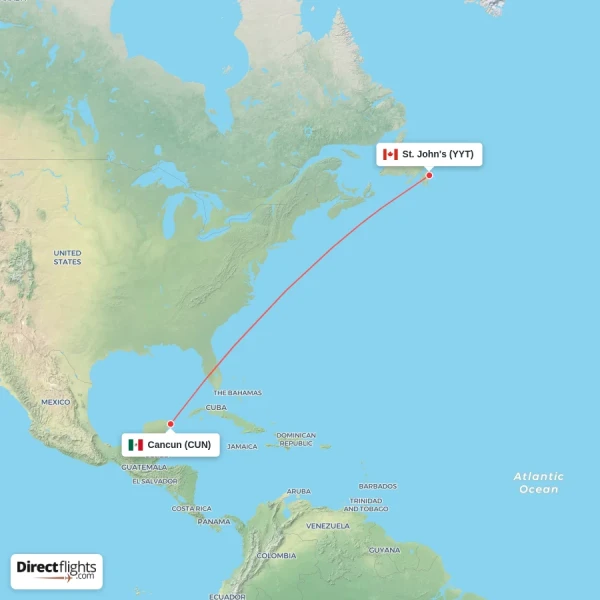 Cancun - St. John's direct flight map