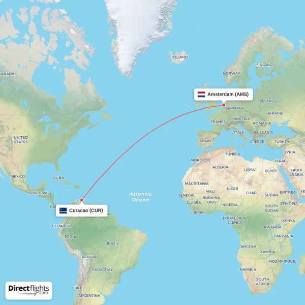 Curacao - Amsterdam direct flight map